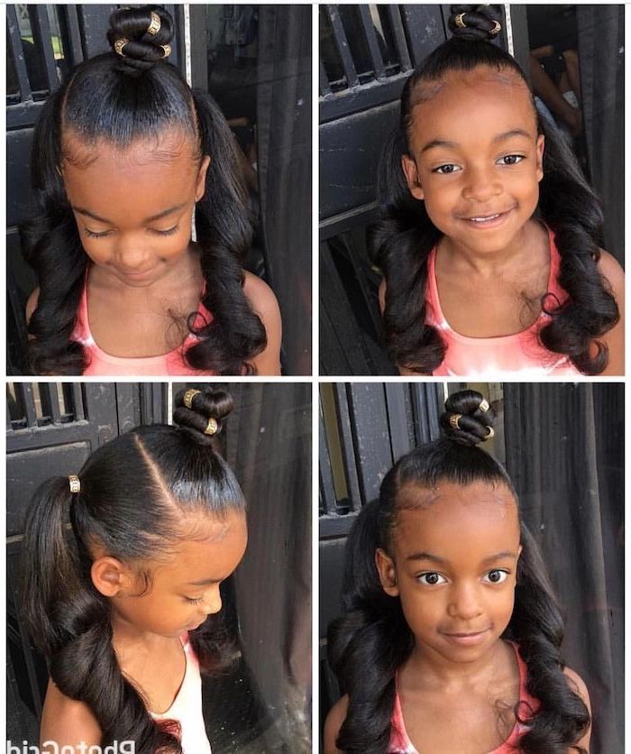 long black hair in two ponytails, small bun on the top of the head, kids braided hairstyles with beads
