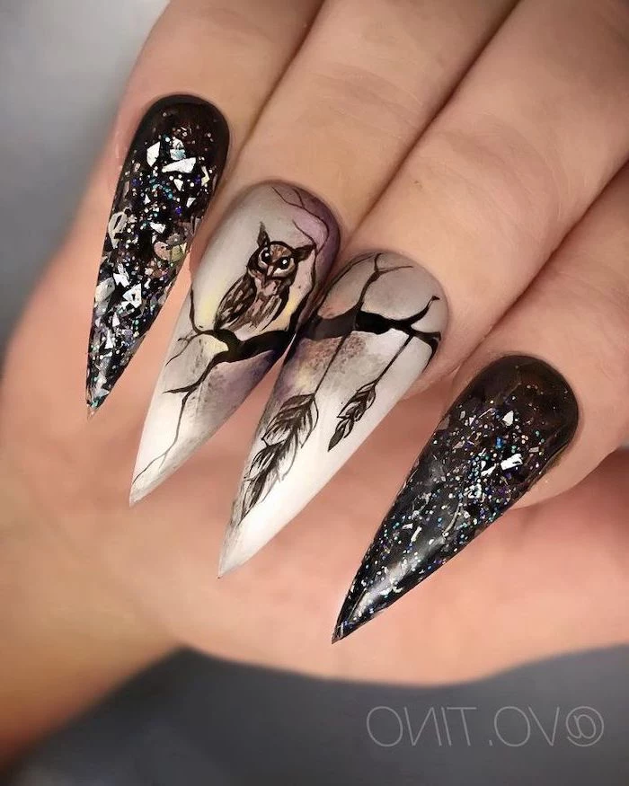 very long stiletto nails, nail ideas, black and white nail polish, drawing of an owl on a tree branch, on the nails