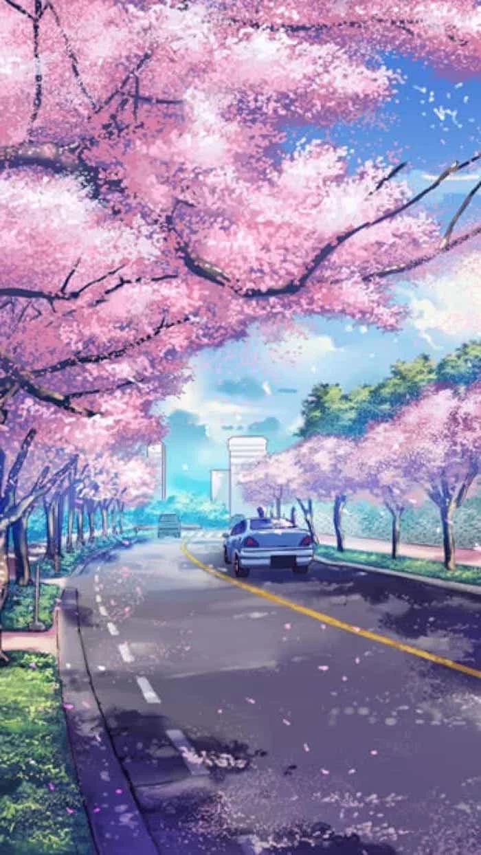 painting of a road, with pink blooming trees along, spring desktop wallpaper, phone wallpaper