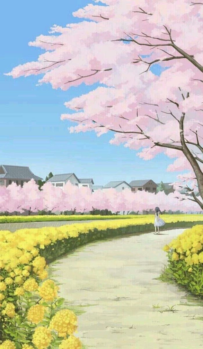 beautiful landscape painting, spring wallpaper, phone wallpaper, girl walking down a pathway, large blooming trees