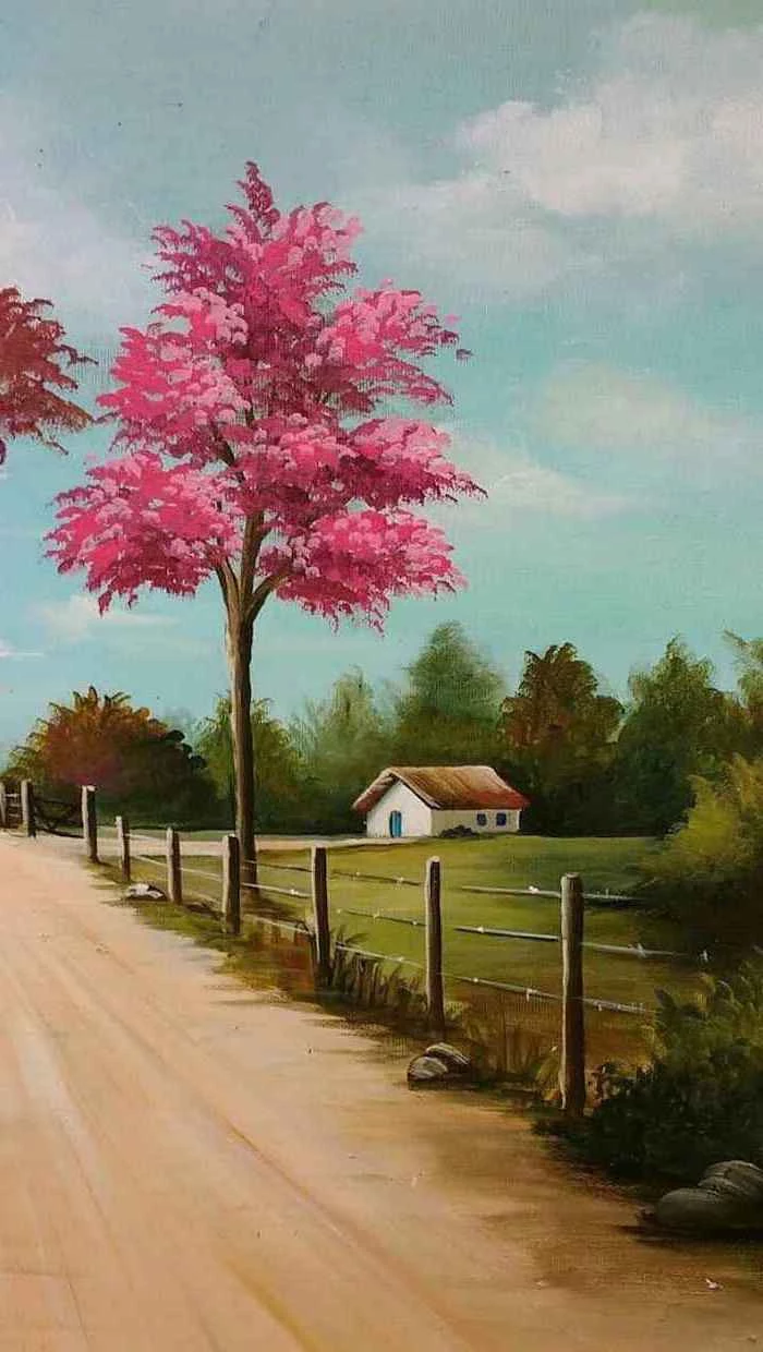 spring background images, small house, painting of a rural landscape, pink blooming tree, next to a pathway