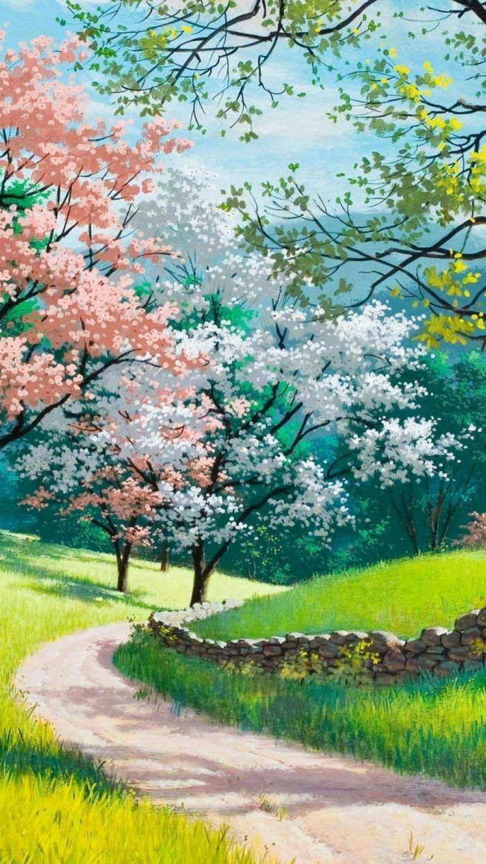 blooming trees, along a pathway, spring background images, phone wallpaper, green grass fields