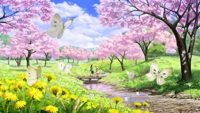 beautiful painting, spring pictures, pink trees blooming, along a running river, girls walking on a wooden bridge