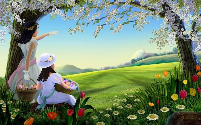 painting of two girls, blooming trees, lots of flowers, green field, spring desktop backgrounds