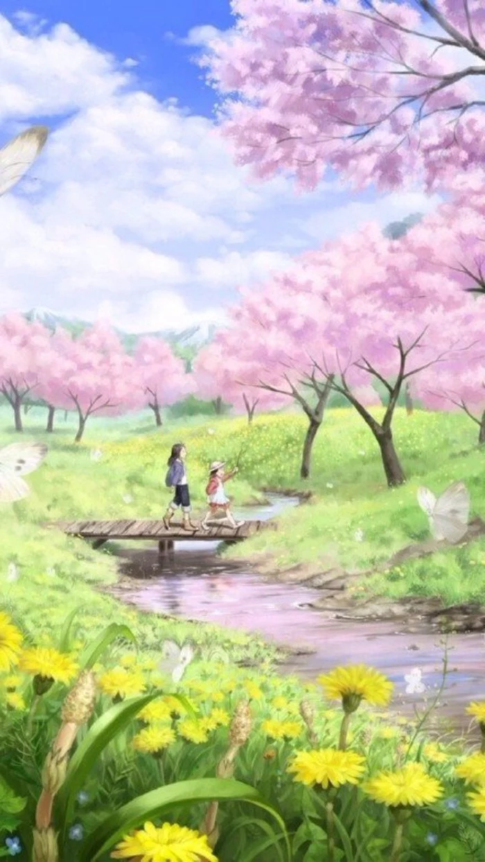 pink blooming trees along a river, spring background images, two girls walking across a wooden bridge