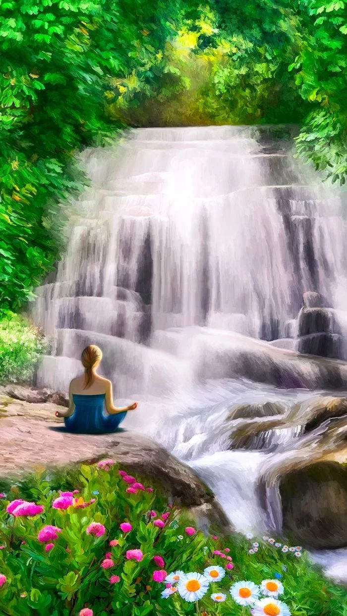 waterfall painting, woman meditating, spring background images, phone wallpaper, trees and flowers around