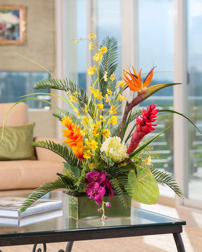 palm leaves, different colourful flowers, how to arrange flowers, large flower bouquet, in a small vase