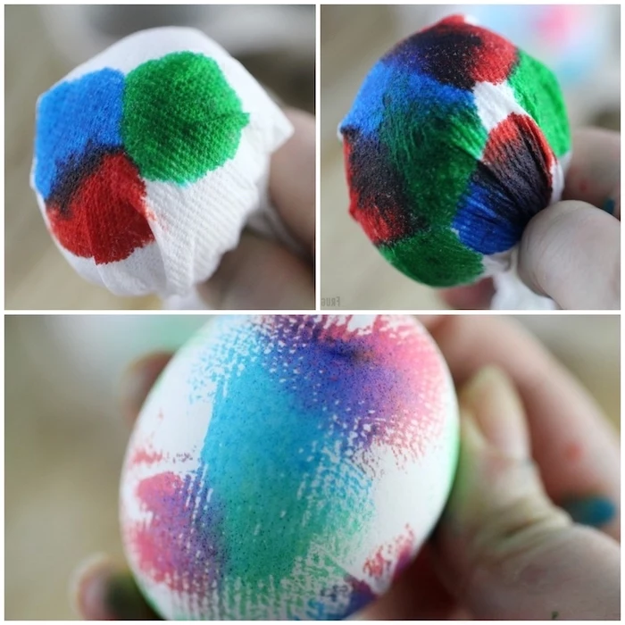 dying eggs with shaving cream, step by step, diy tutorial, paper napkin, colourful dye