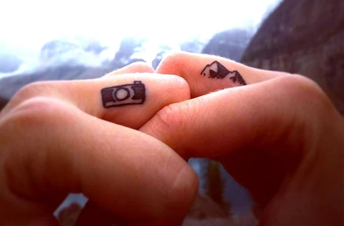 photo camera and a mountain landscape, middle finger tattoos, cute finger tattoos, his and hers tattoo