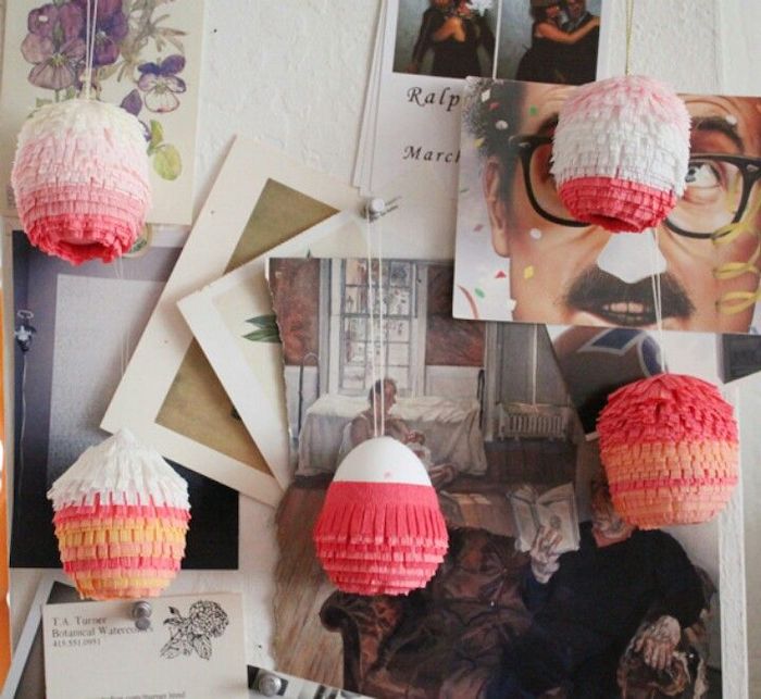 pinata eggs, step by step diy tutorial, hanging on a wall, dying easter eggs, photos on the wall