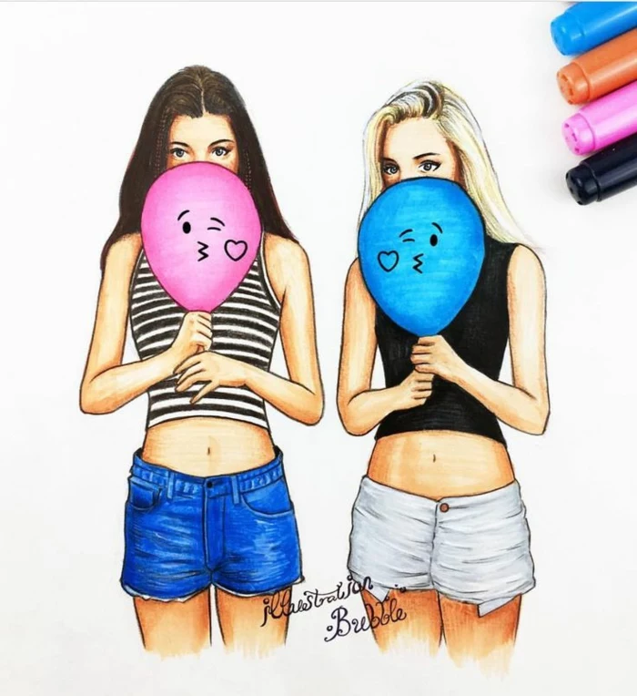 pink and blue balloons, drawing of two girls, blonde and brunette, how to draw a cute girl
