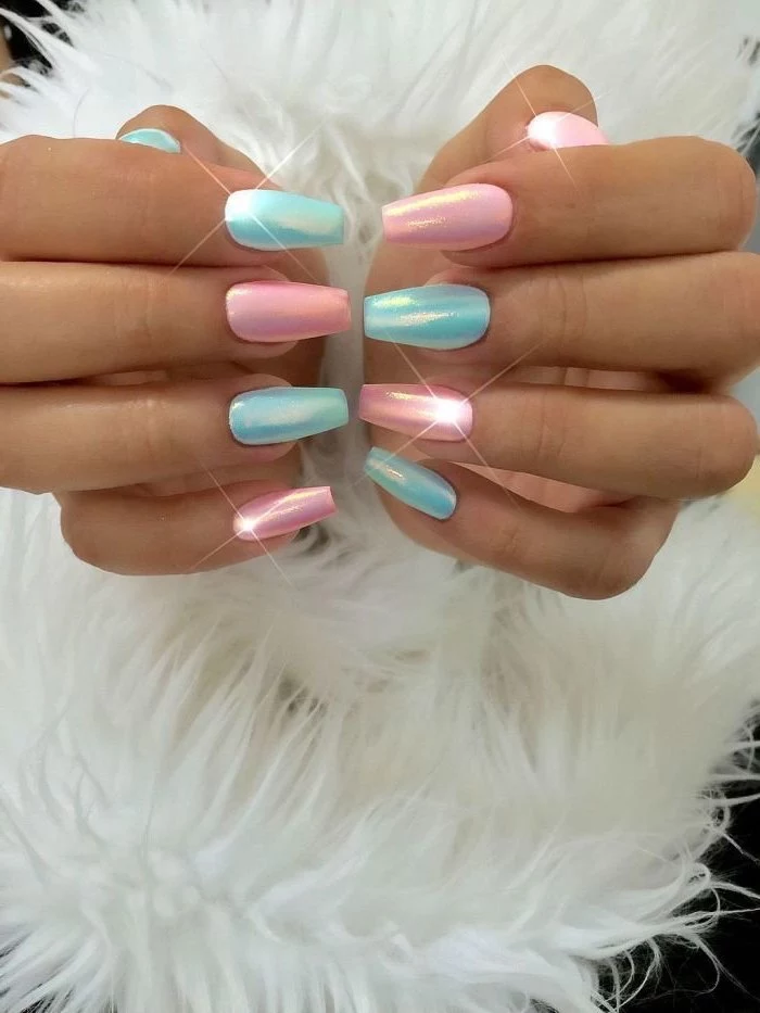 cute nail designs, pink and blue chrome nail polish, set of hands photographed, next to each other