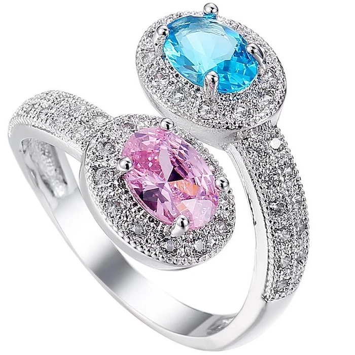 blue and pink sapphires, beautiful wedding rings, diamond studded white gold band