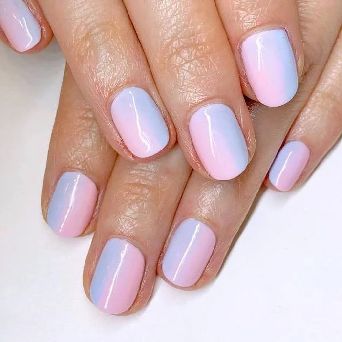 light pink and purple ombre nail polish, short squoval nails, cute coffin nails, both hands photographed