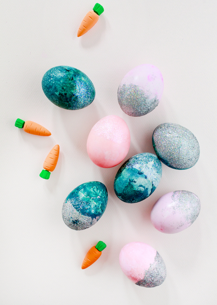 pink and silver, blue and silver, glitter eggs, natural easter egg dye, plastic carrots around