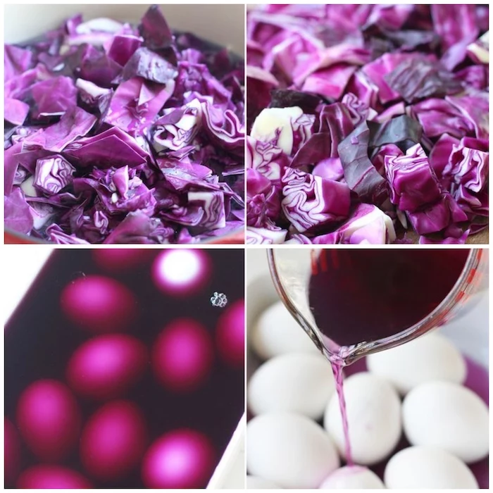 step by step, diy tutorial, robin eggs, pink cabbage, juice poured over white eggs, easter egg designs