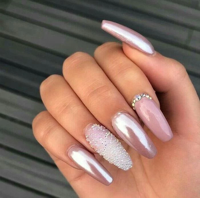 pink metallic nail polish, rhinestones on the nails, nail art ideas, long coffin nails