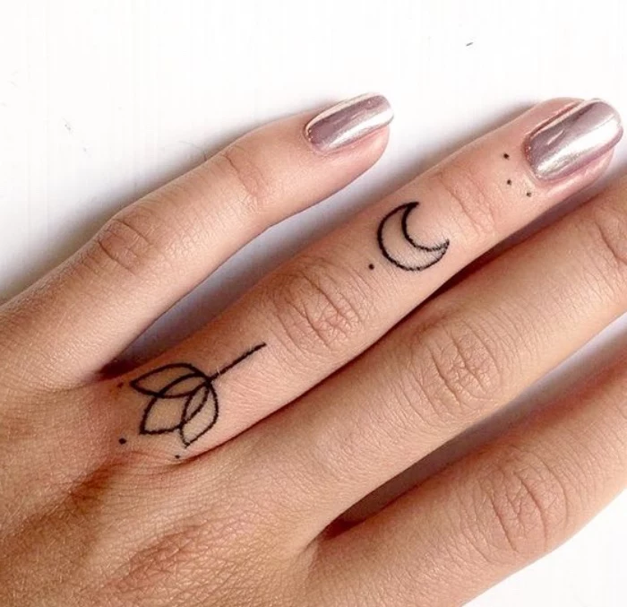 lotus flower crescent moon dots finger tattoos, small butterfly tattoos, chrome nail polish