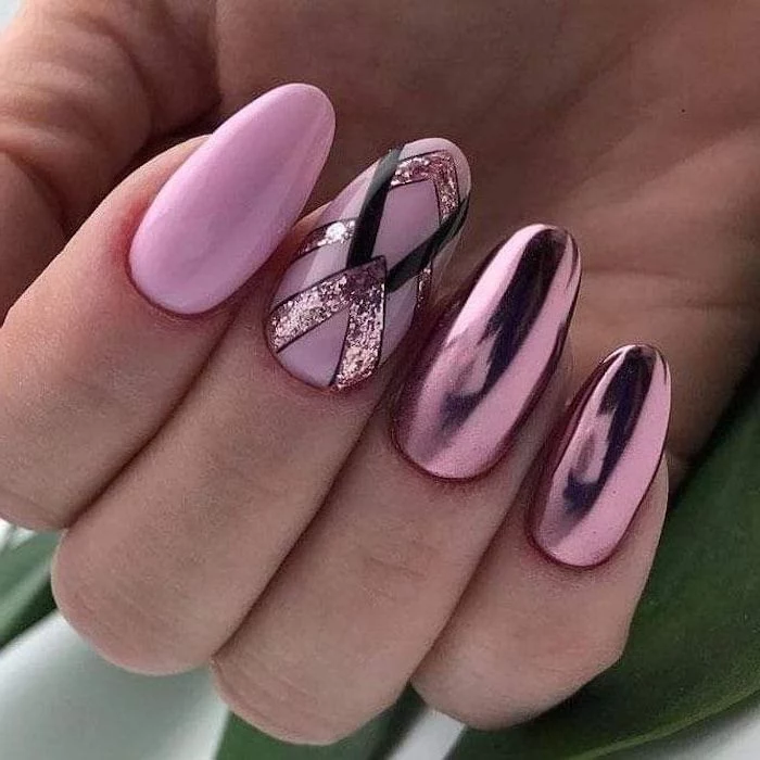 pink nail polish, pink metallic nail polish, nail art ideas, geometric shapes drawn on one of the nails, nail designs for long nails