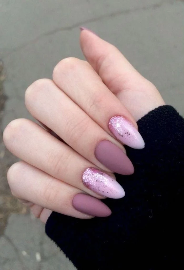 purple matte nail polish, pink glitter nail polish, nude matte nails. short almond shaped nails