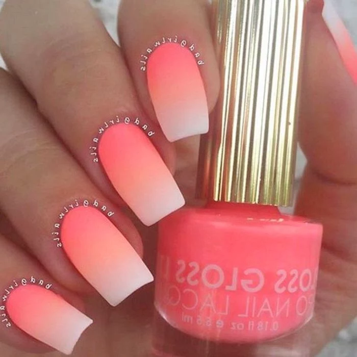 orange and white ombre, neon nail polish, nude matte nails, long square shaped nails, hand holding a nail polish bottle, nail designs for long nails
