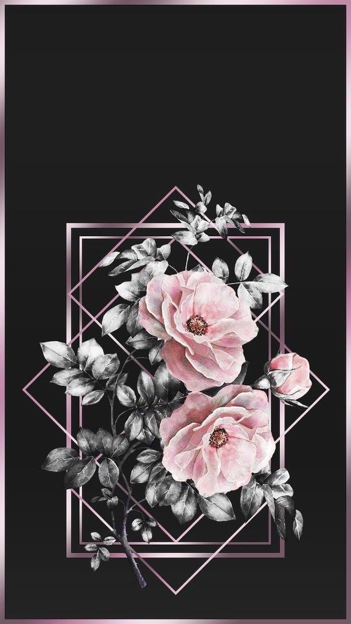 geometrical drawing, of pink peonies, happy spring images, black background, phone wallpaper
