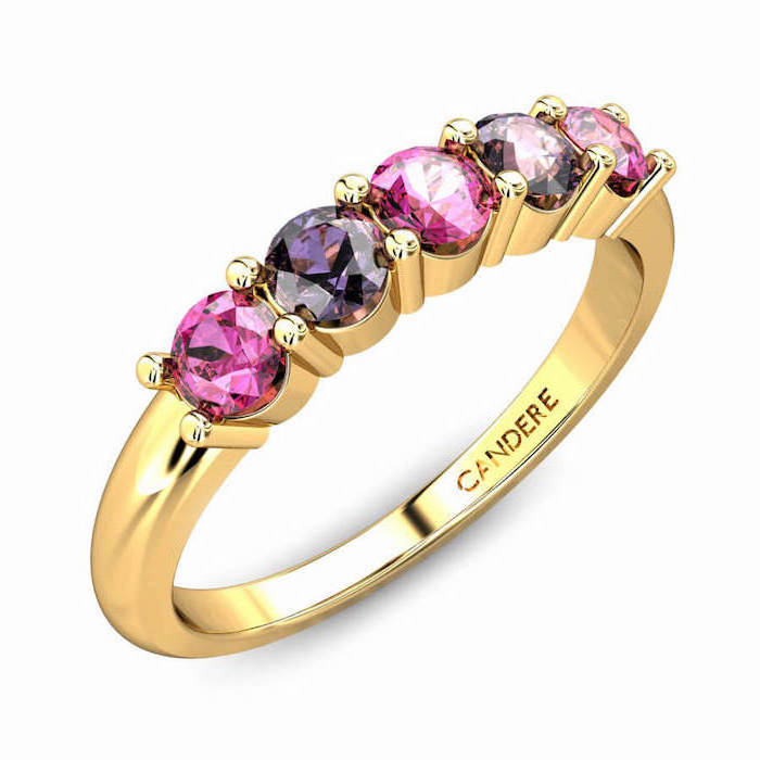 pink and purple sapphires, unique engagement rings for women, golden band, white background