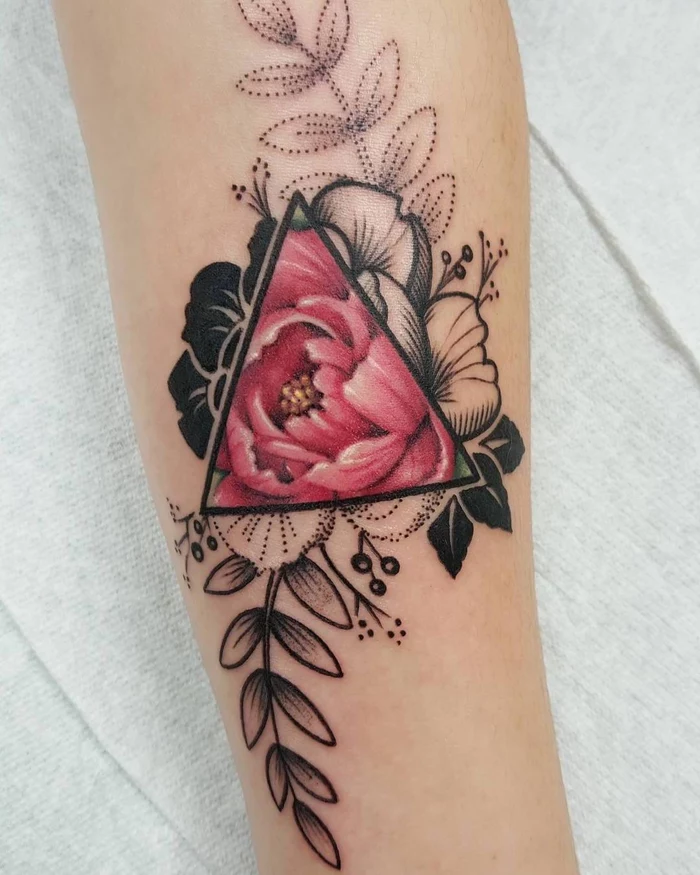rose in the middle of a triangle, forearm tattoo, geometric tattoo designs, white background
