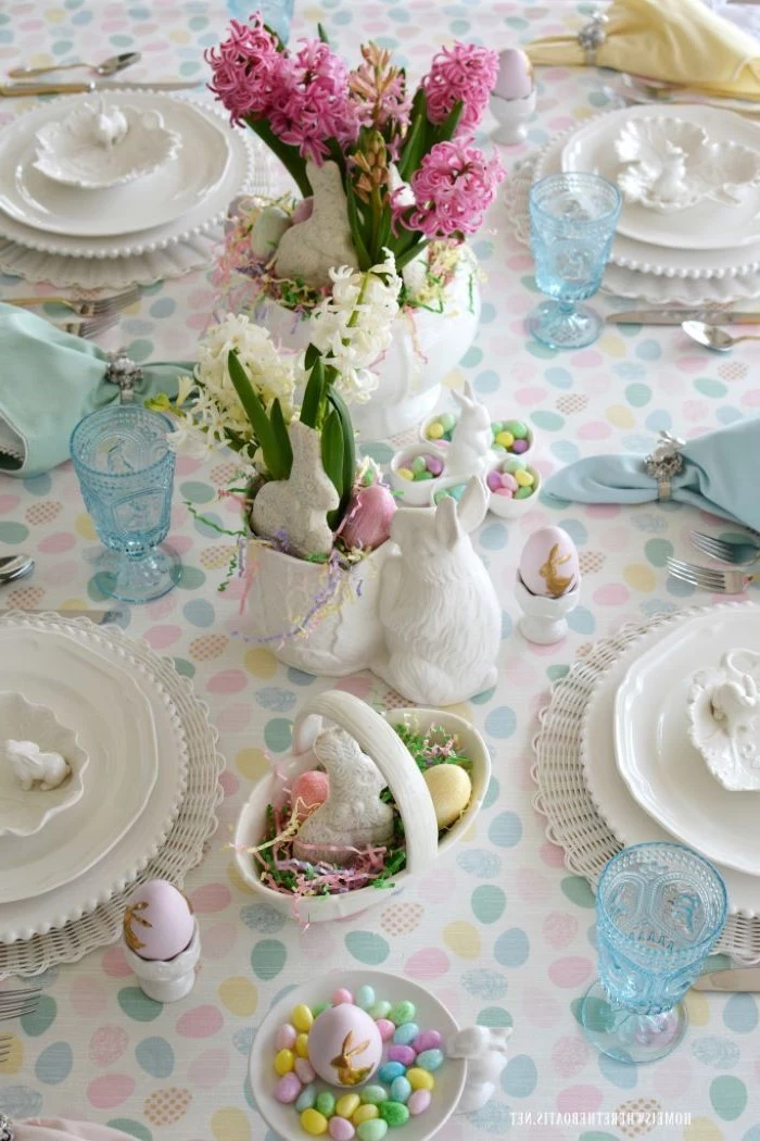 hyacinth flower bouquet, ceramic bunny figurines, easter table decorations ideas, chocolate eggs