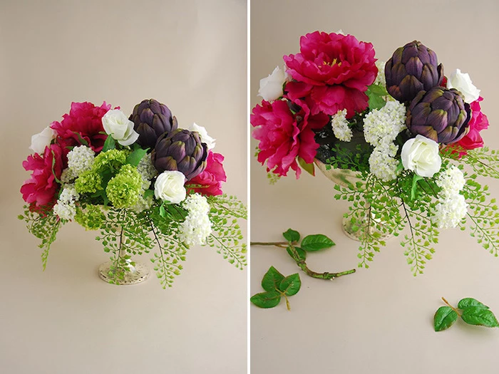 flower bouquet, diy tutorial, kitchen table centerpieces, on a white countertop, side by side pictures