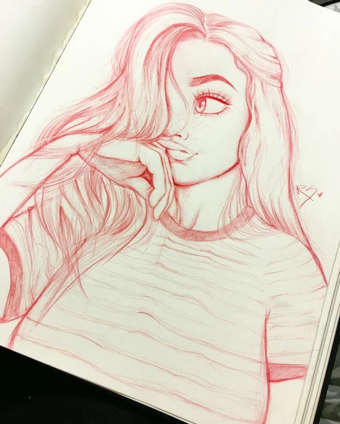 pink and white sketch, girl with long wavy hair, white sketchbook, how to draw a cute girl
