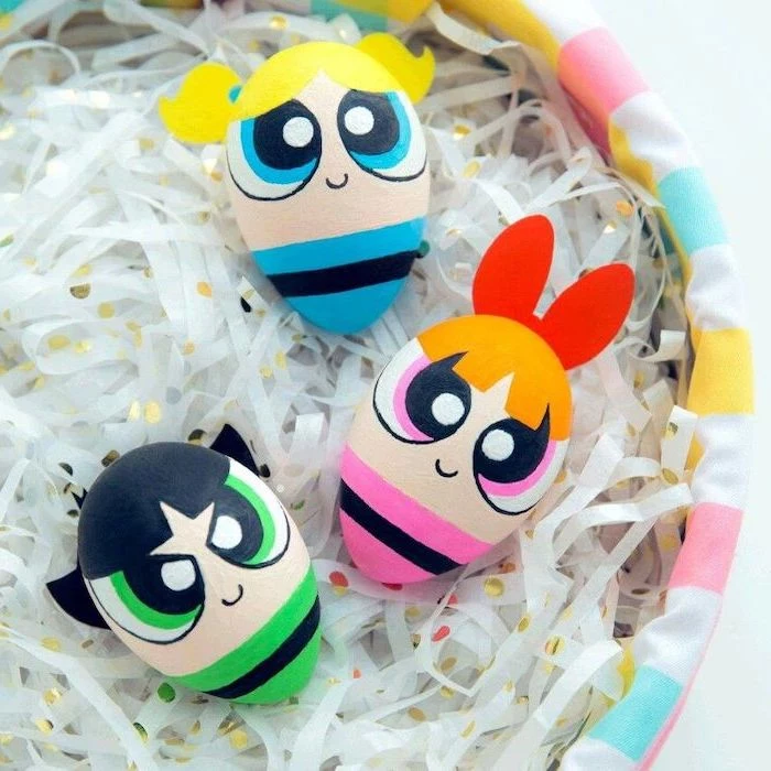 powerpuff girls inspired, natural easter egg dye, hair attached with glue, in a wooden basket