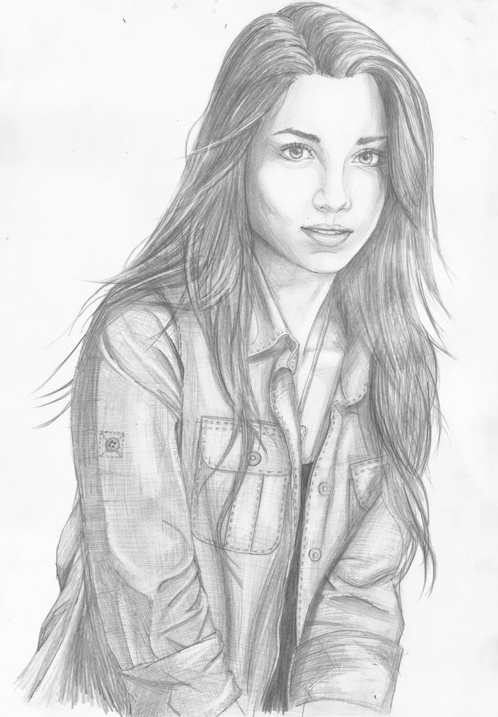 black and white sketch, how to draw a cute girl, long black hair, girl wearing a shirt