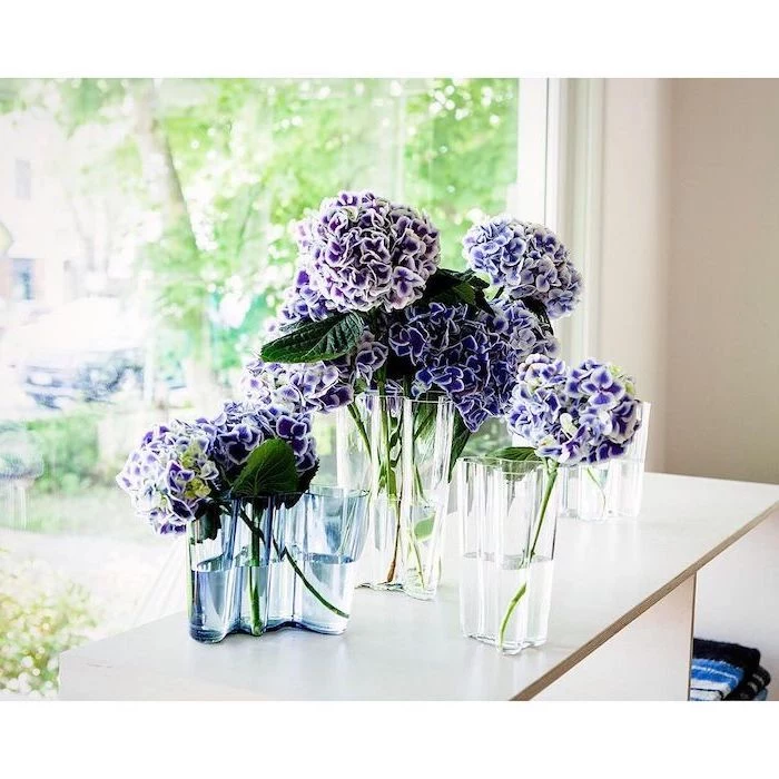 purple flowers, in three separate glass vases, how to make flower arrangements, on a white wooden table