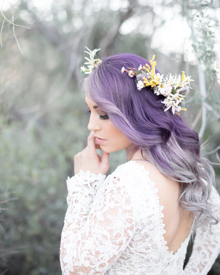 purple and grey, long wavy hair, flower headband, wedding hairstyles down, white lace dress