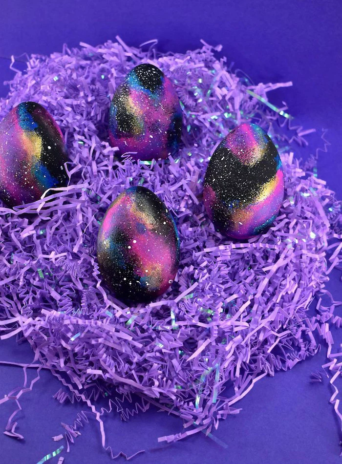 step by step, diy tutorial, how to dye eggs, galaxy eggs, purple background