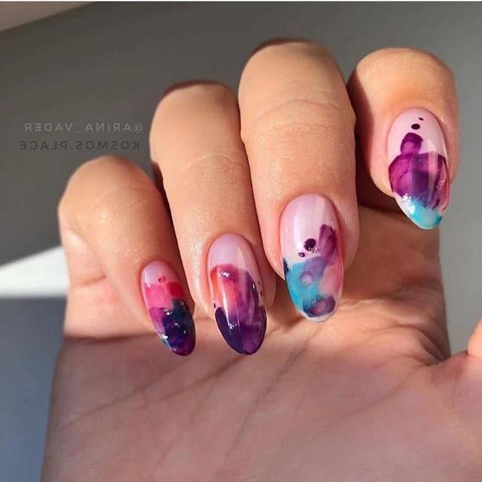 watercolor painted nails, colorful nail polish, top coat, pink and gold nails, almond shaped nails