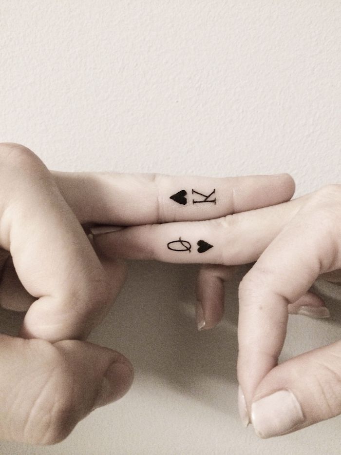 queen and king of hearts, deck of cards symbols, his and hers tattoo, middle finger tattoo, cute finger tattoos