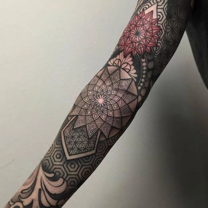 red and black geometrical sleeve tattoo, geometric tattoo designs, white background