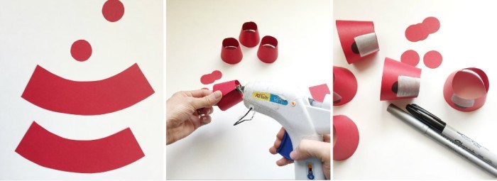 dying easter eggs, gum ball machine eggs, step by step, diy tutorial, red carton, glue gun, white background