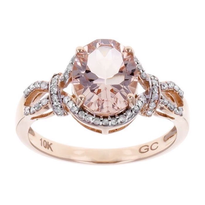 morganite stone in the middle, surrounded by small diamonds, rose gold band, unique engagement rings for women