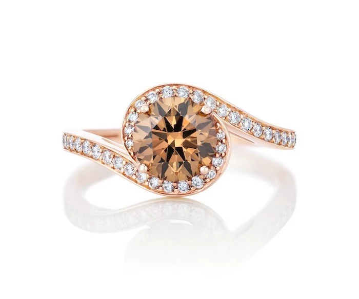 wedding rings for her, rose gold diamond studded band, round morganite stone in the middle
