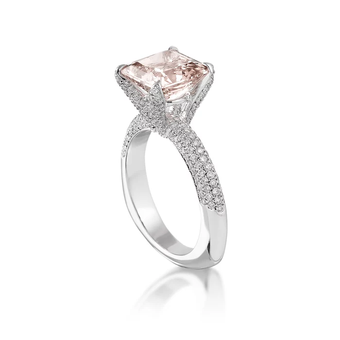 square cut morganite stone, diamond studded white gold band, wedding rings for her, white background