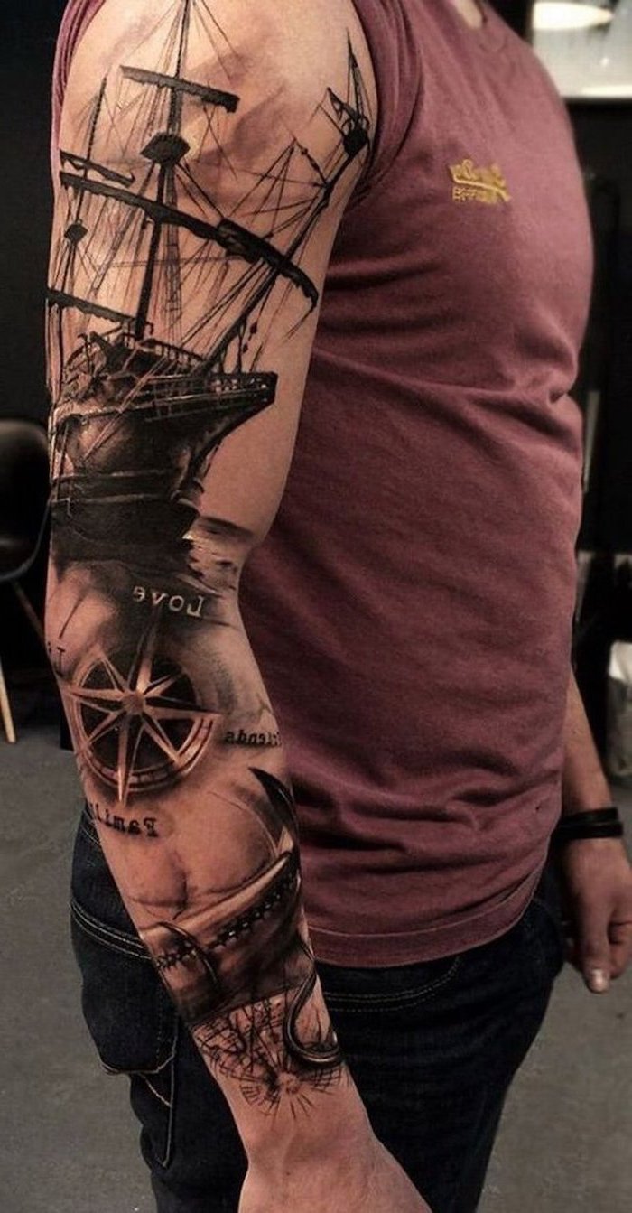 sailing ship, travel inspired, arm sleeve tattoo, inner arm tattoos, man wearing a red top and jeans