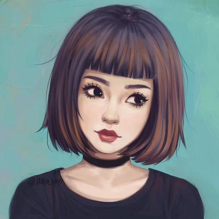 girl with short hair and bangs, wearing a black choker and top, how to draw a cute girl, standing in front of a turquoise background