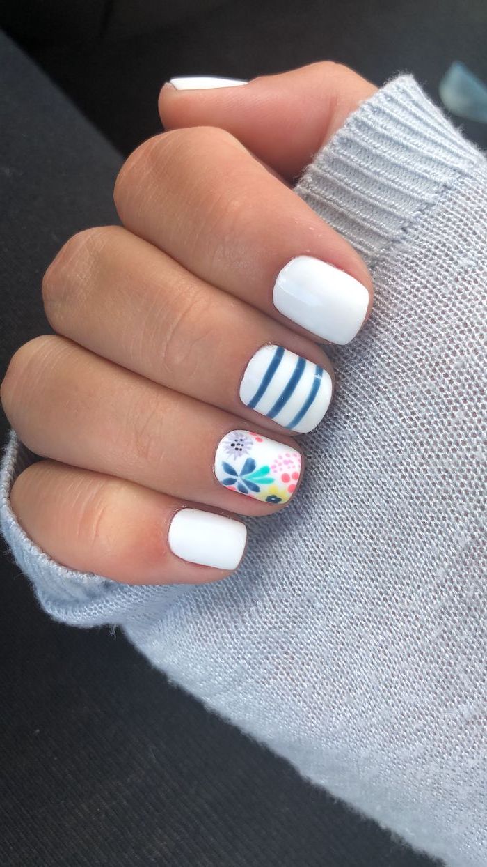 white and blue nail polish, floral manicure, trending nail colors, short square nails, grey sweater