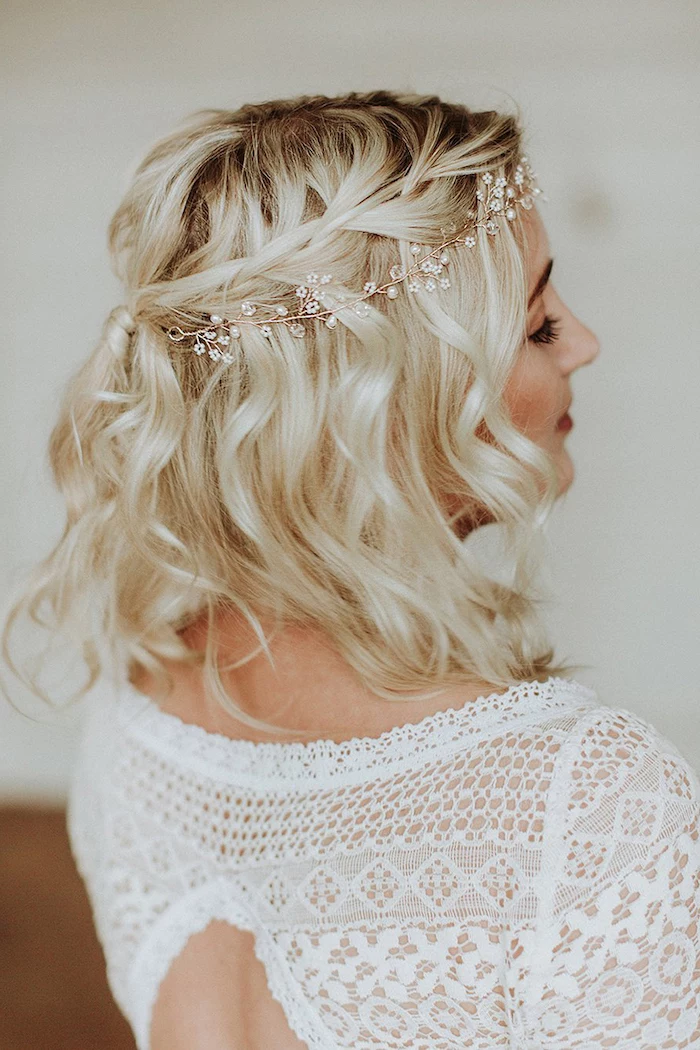 small pearl headband, short wavy blonde hair, white lace dress, wedding hairstyles for long hair