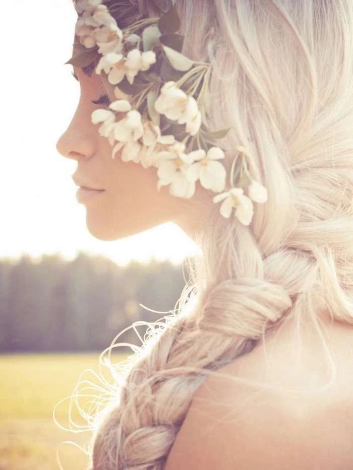side braid, flowers in the hair, long blonde hair, wedding hairstyles for medium hair
