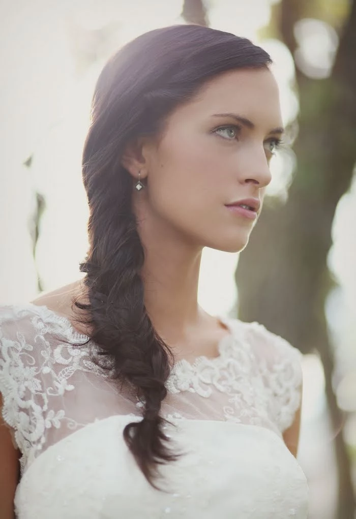 side braid, long brown hair, white lace dress, wedding hairstyles for medium hair, small earrings