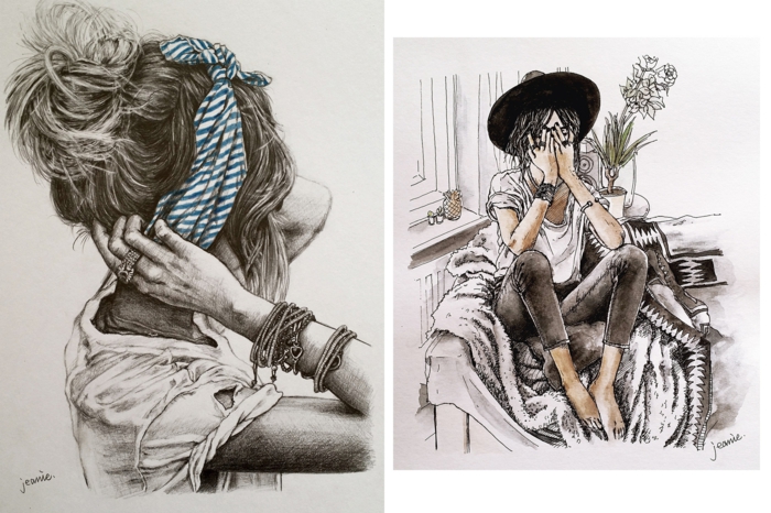 side by side drawings, girl with a messy bun and bandana, girl sitting on a chair, how to draw a girl step by step